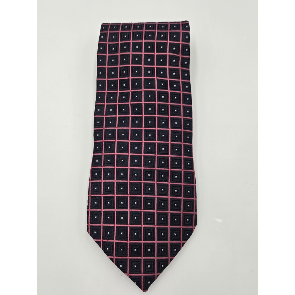 Brooks Brothers Makers Mens Silk Tie Navy Blue Pink Geometric Grid Made‎ in USA